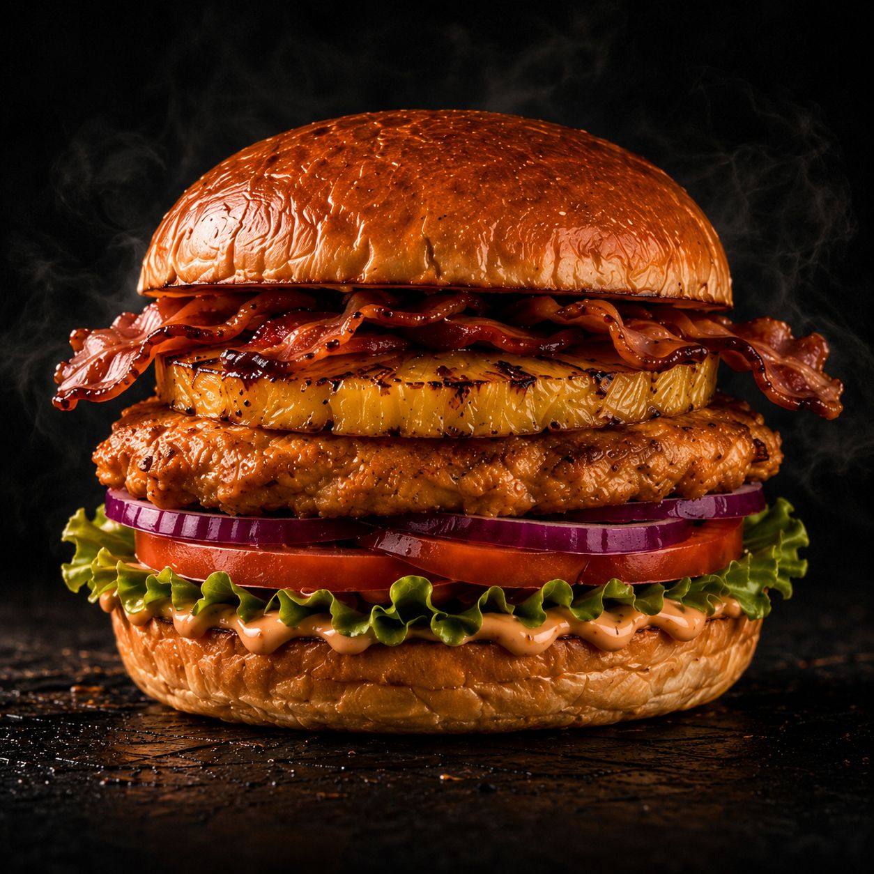 Loaded gourmet burger with bacon, grilled pineapple, chicken patty, red onion, tomato and lettuce on a toasted brioche bun against a moody dark background