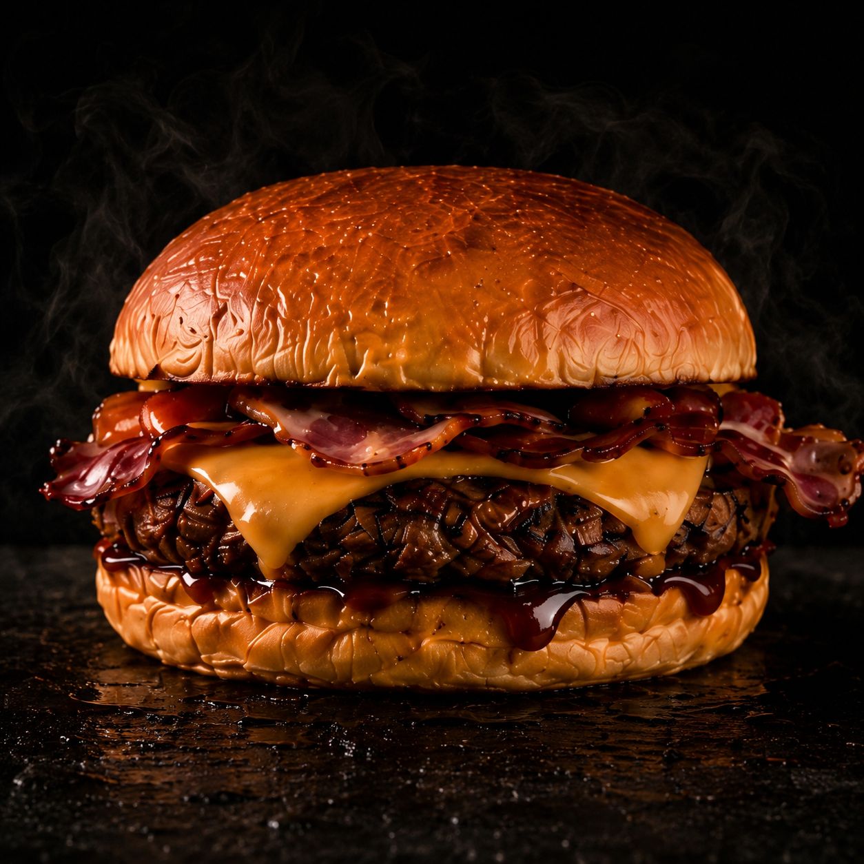 Char-grilled beef burger stacked with crispy bacon, melted American cheese and rich BBQ sauce on a glossy toasted brioche bun, shot against a dark smoky backdrop