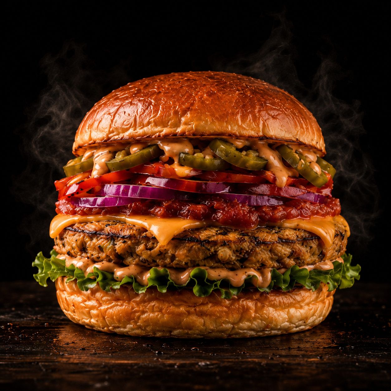 Loaded gourmet burger with grilled patty, melted cheese and fresh toppings served on a toasted brioche bun