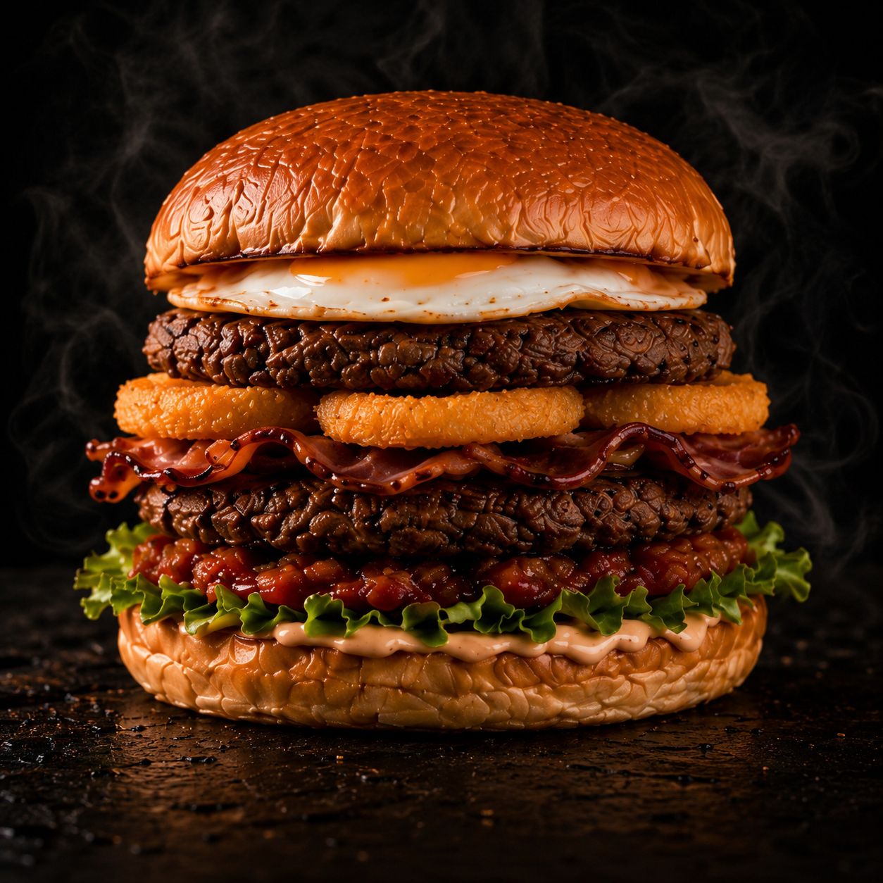Towering double beef burger stacked with a fried egg, crispy bacon, onion rings, tomato relish and lettuce on a toasted brioche bun, shot against a dark smoky backdrop